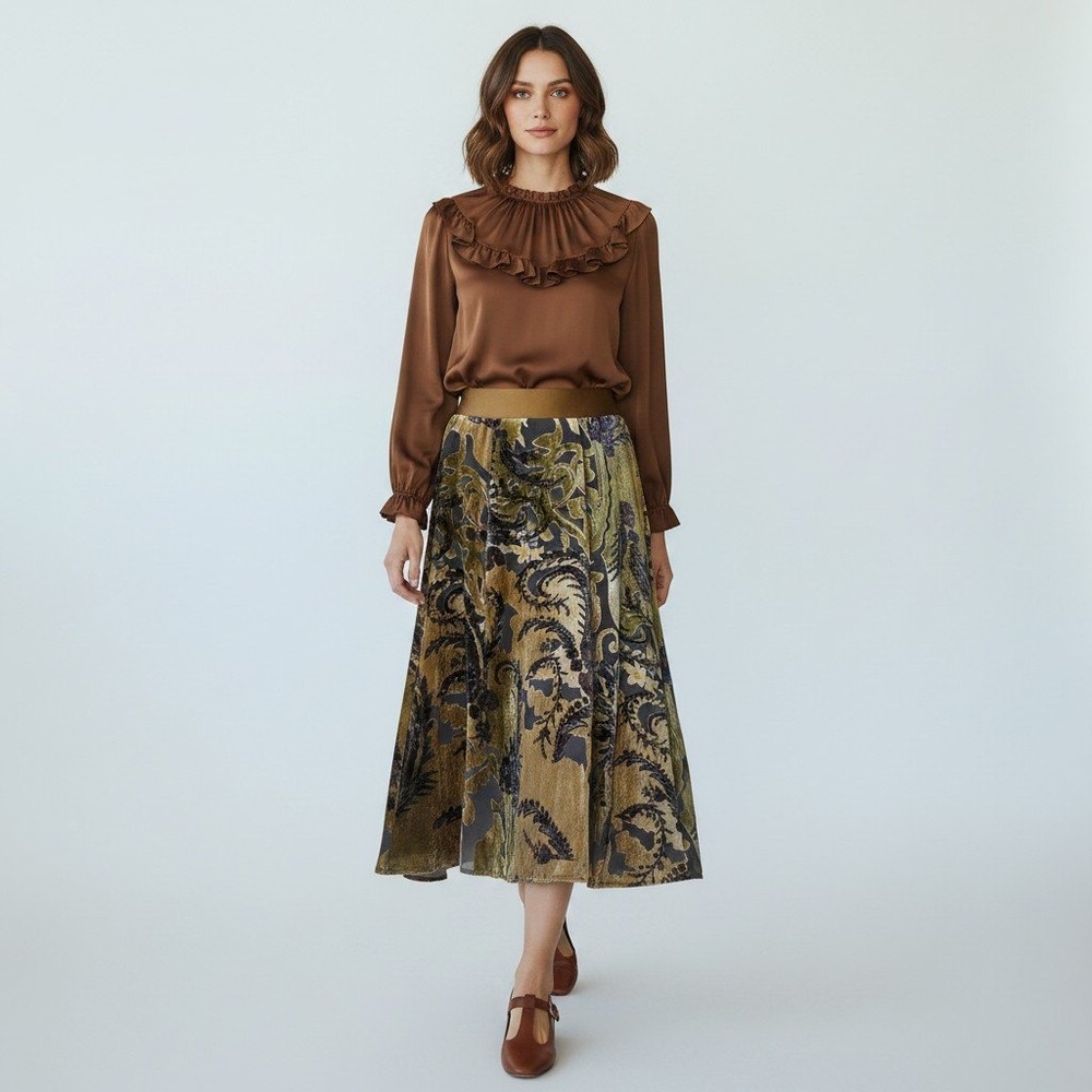 Coldwater Creek Womens 1X Gold Burnout Velvet Paisley Midi Skirt Elastic Waist
